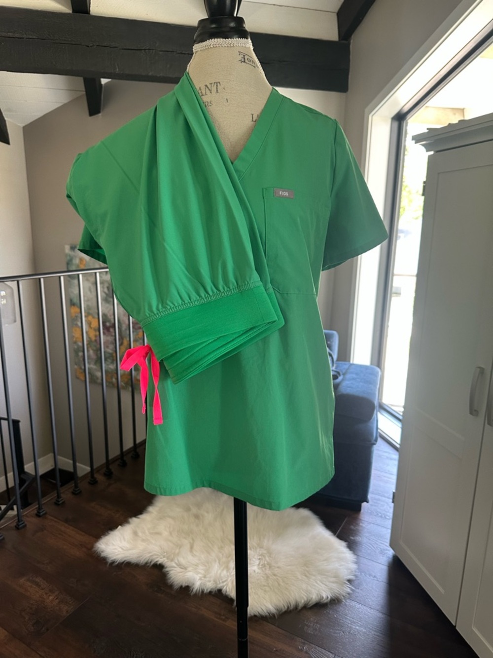 Figs Green Scrub Top & Pants Set with Pink Drawstring